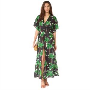 Cooper & Ella Maxi Dress Caftan Womens XS Black Green V-Neck Tassels Palm Trees